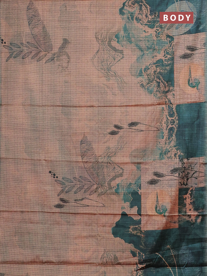 Peach & Peacock Green Printed Silk - Leaf Prints