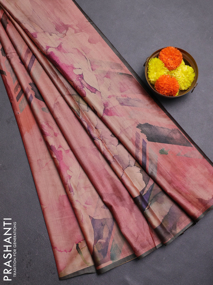Peach Pink & Olive Green Printed Silk - Floral Prints