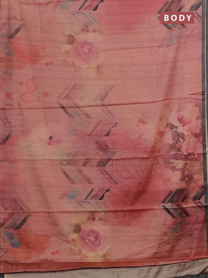 Peach Pink & Olive Green Printed Silk - Floral Prints