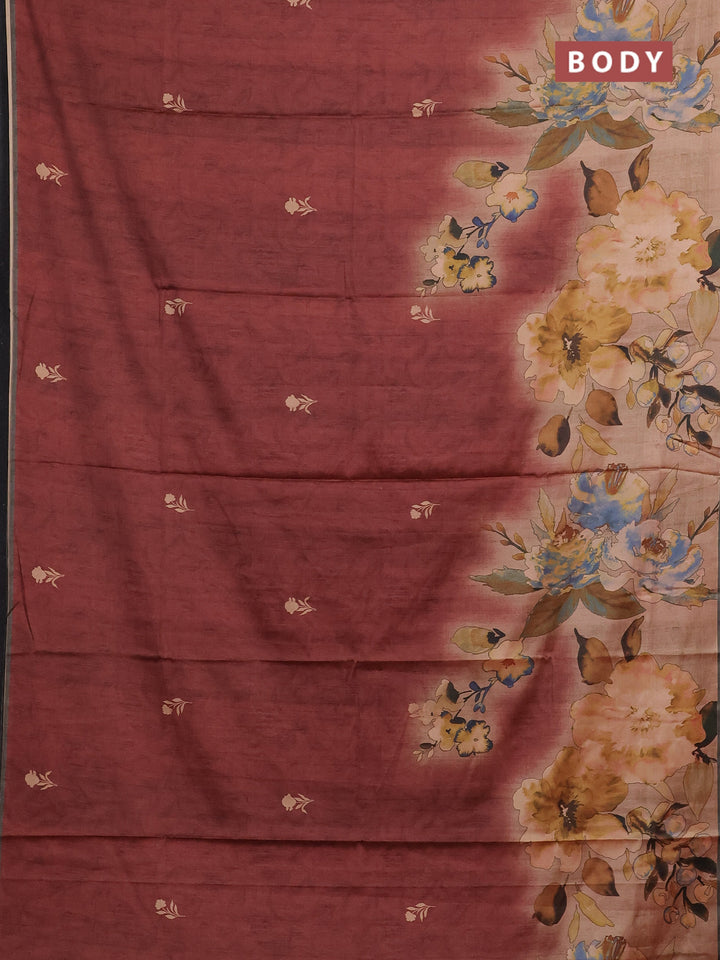 Maroon & Olive Green Printed Silk - Floral Prints
