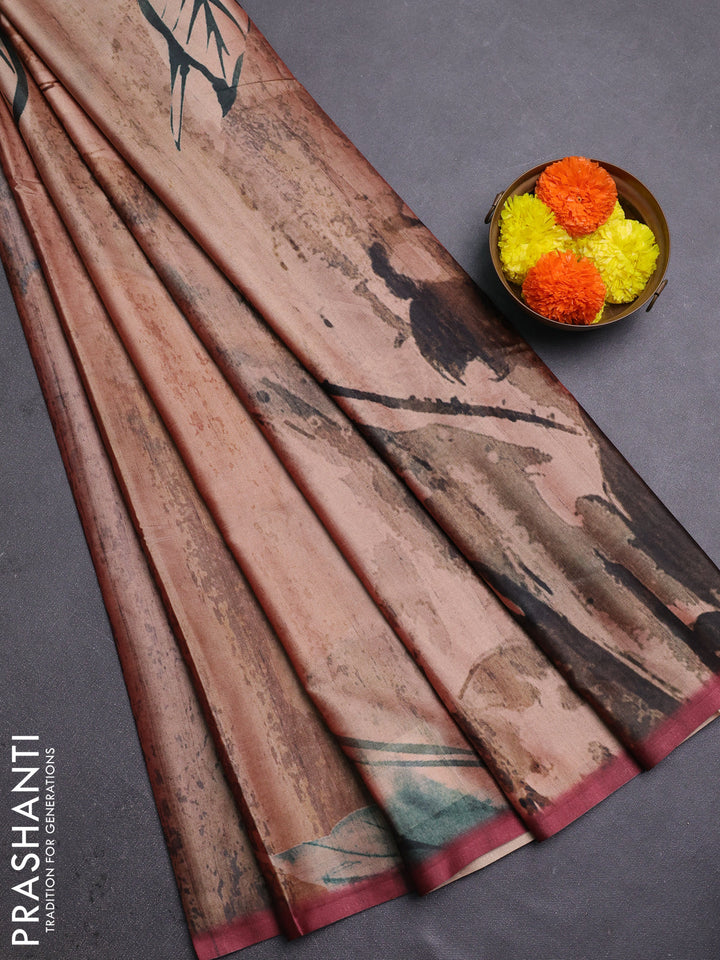 Peach & Maroon Printed Silk - Floral Prints