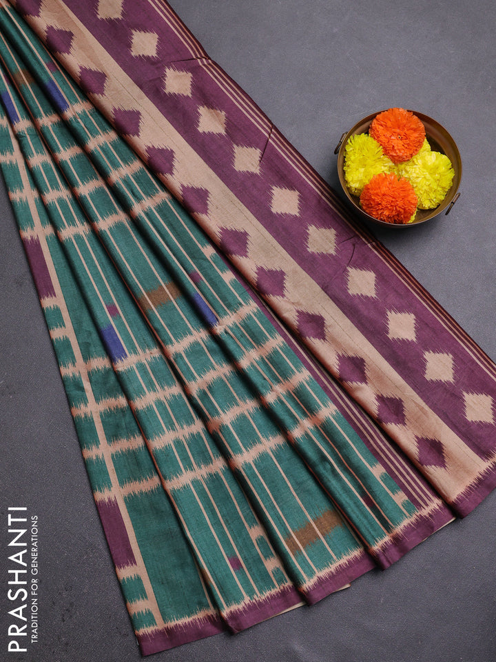 Green & Magenta Pink Printed Silk - Ikat Prints