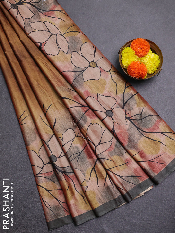 Mustard Yellow & Grey Printed Silk - Floral Prints
