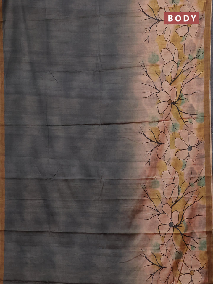 Grey & Mehendi Green Printed Silk - Floral Prints