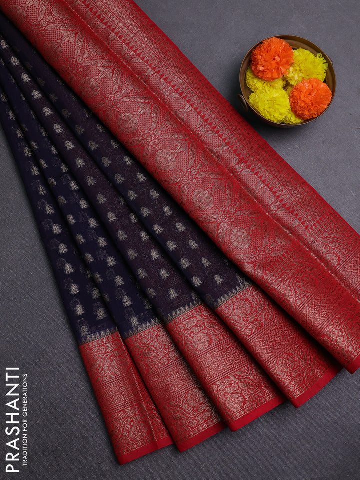 Navy Blue & Red Semi Chiniya Silk Saree