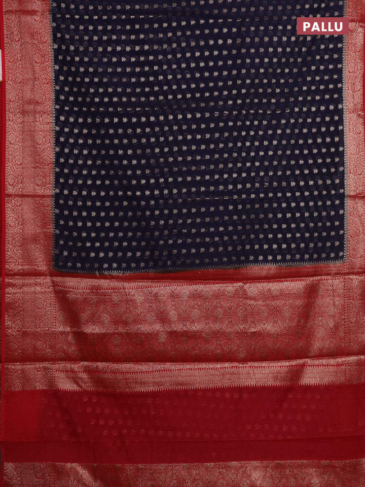 Navy Blue & Red Semi Chiniya Silk Saree