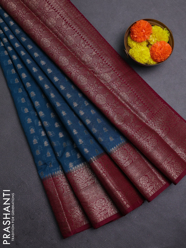 Peacock Blue & Wine Semi Chiniya Silk Saree