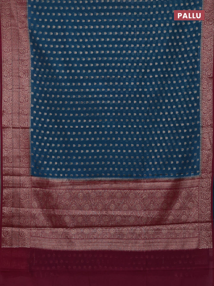 Peacock Blue & Wine Semi Chiniya Silk Saree