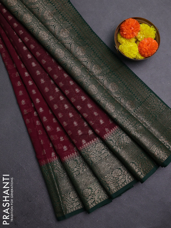 Wine & Bottle Green Semi Chiniya Silk Saree