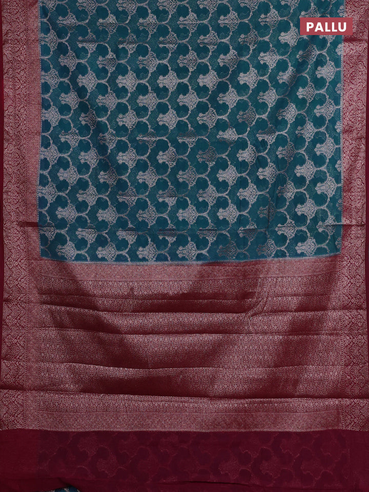Peacock Blue & Wine Semi Chiniya Silk Saree
