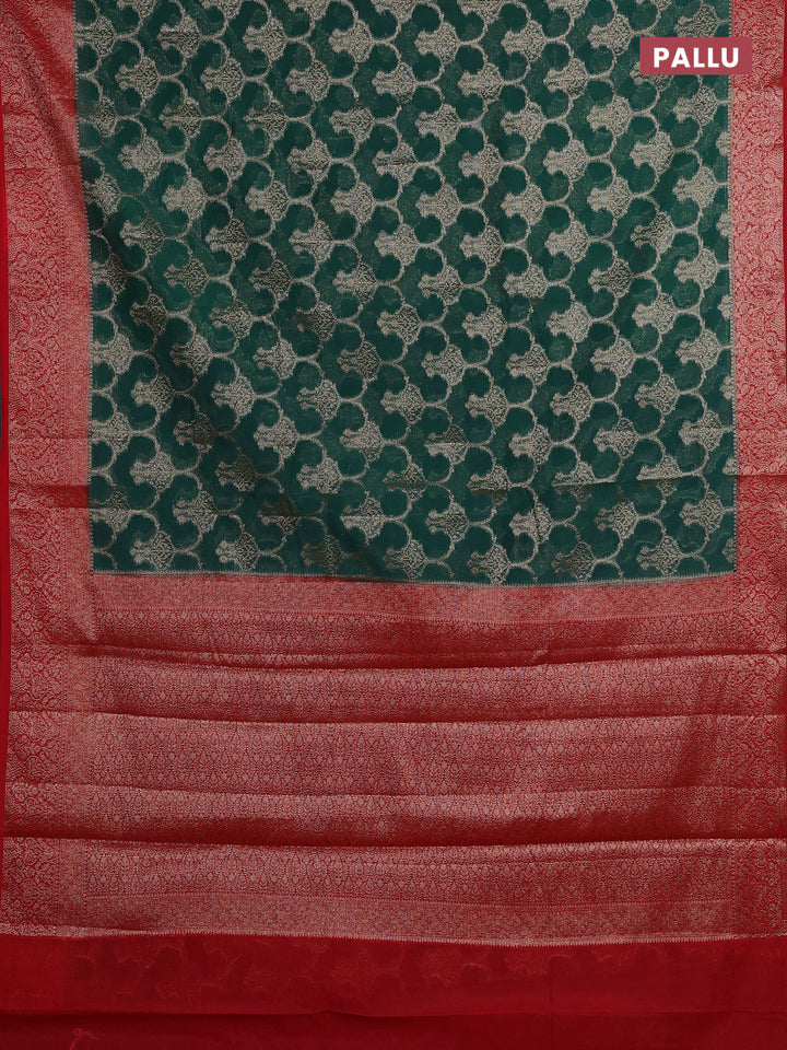 Bottle Green & Red Semi Chiniya Silk Saree