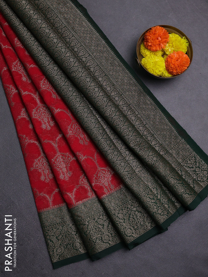 Red & Bottle Green Semi Chiniya Silk Saree