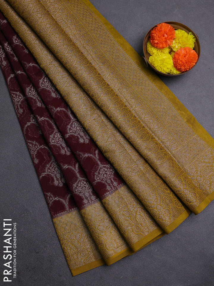 Coffee Brown & Mustard Green Semi Chiniya Silk Saree