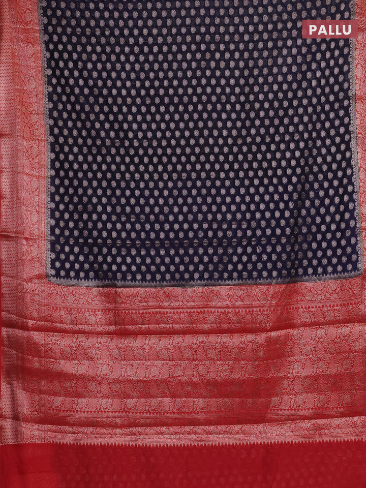 Navy Blue & Red Semi Chiniya Silk Saree
