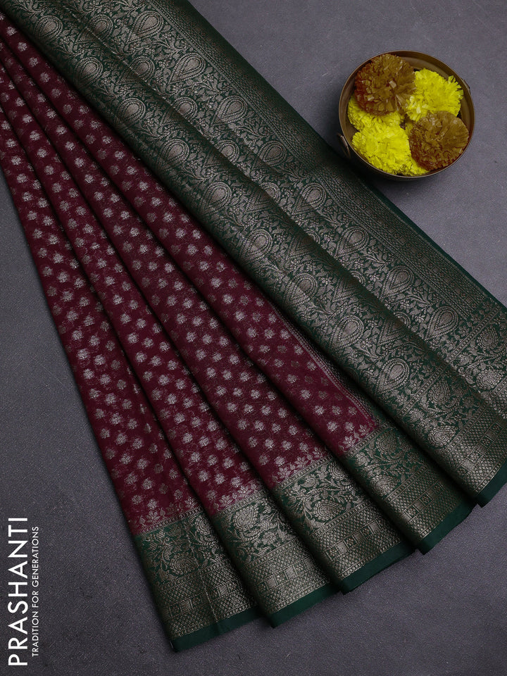 Wine & Bottle Green Semi Chiniya Silk Saree