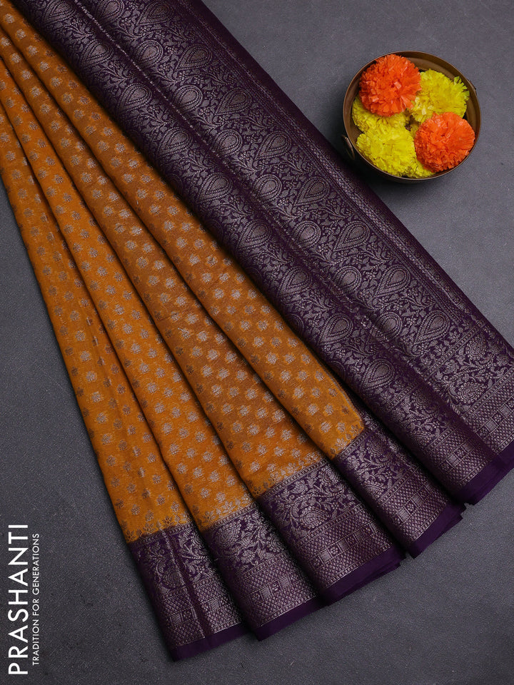 Mustard Yellow & Violet Semi Chiniya Silk Saree