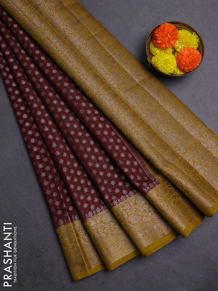 Coffee Brown & Mustard Green Semi Chiniya Silk Saree