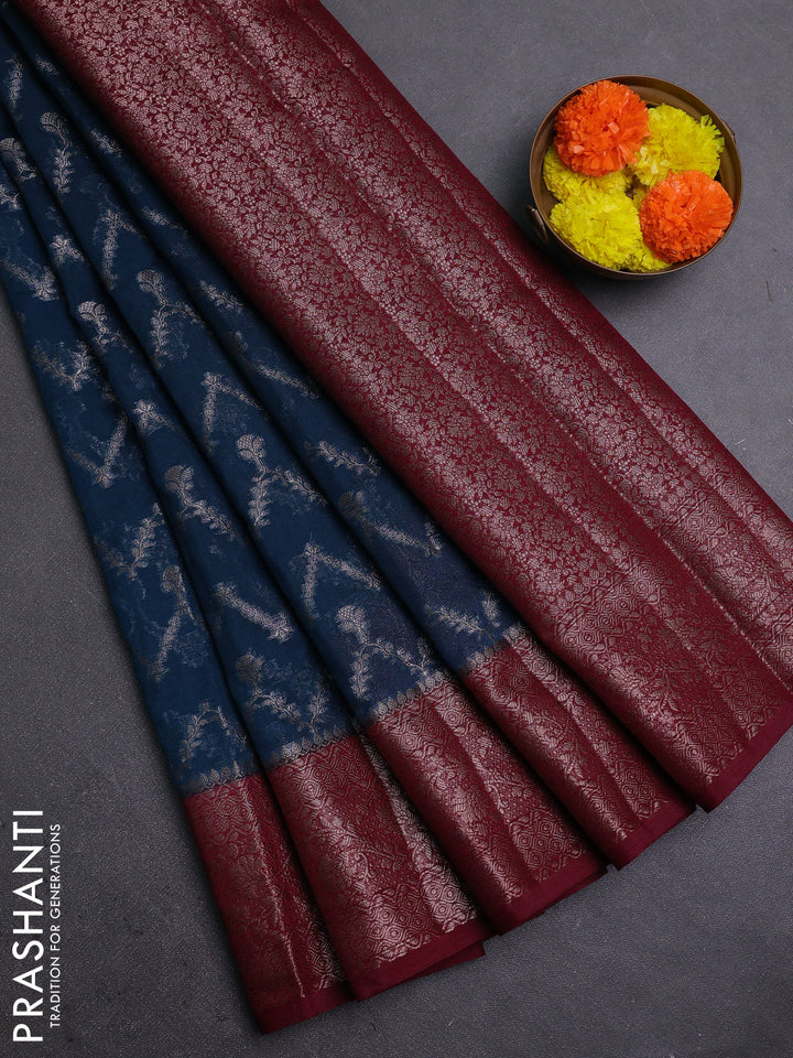 Peacock Blue & Wine Semi Chiniya Silk Saree