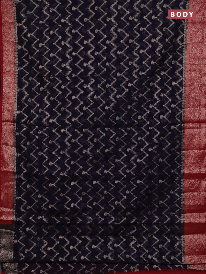 Navy Blue & Red Semi Chiniya Silk Saree