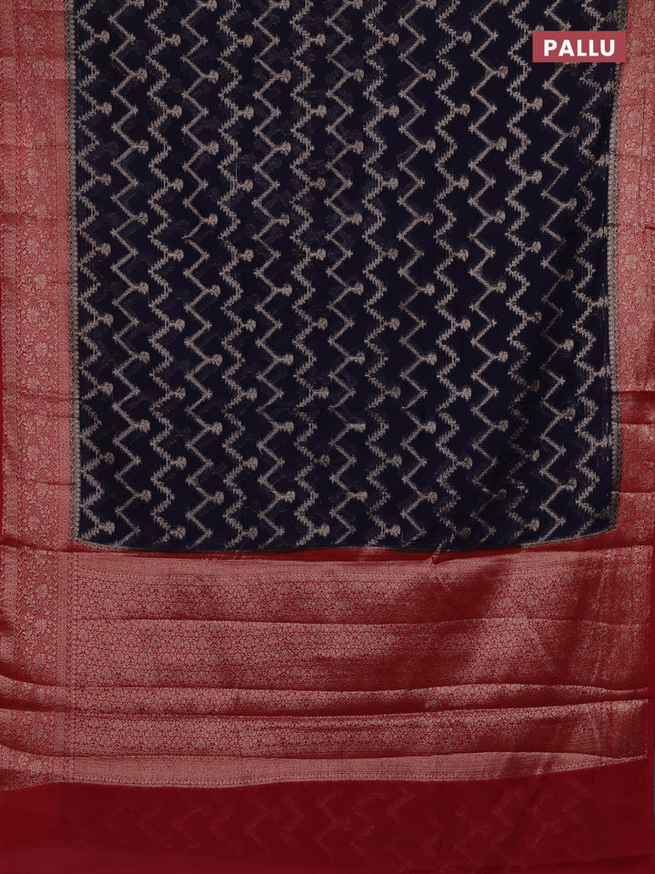 Navy Blue & Red Semi Chiniya Silk Saree