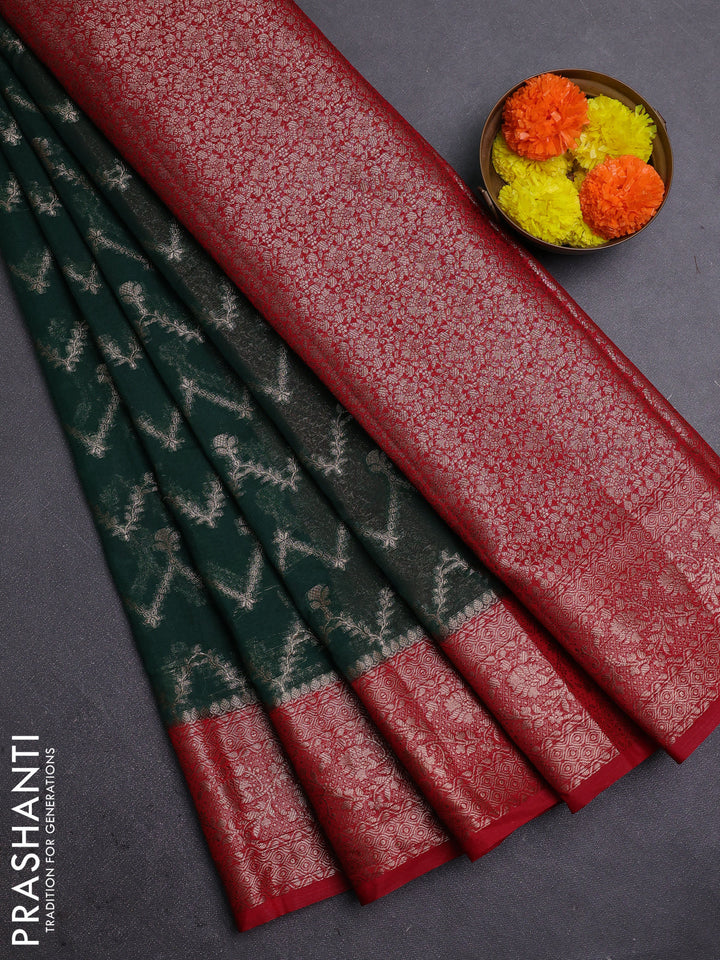 Bottle Green & Red Semi Chiniya Silk Saree