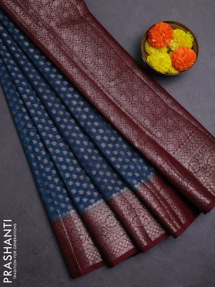 Peacock Blue & Maroon Semi Chiniya Silk Saree