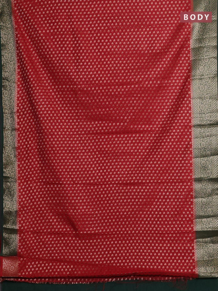 Red & Bottle Green Semi Chiniya Silk Saree