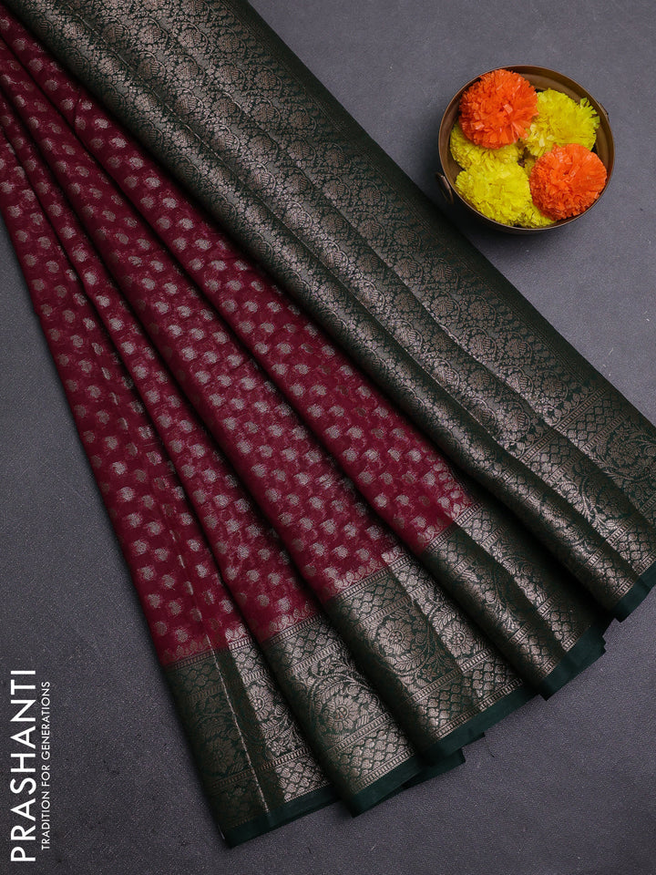 Wine & Green Semi Chiniya Silk Saree