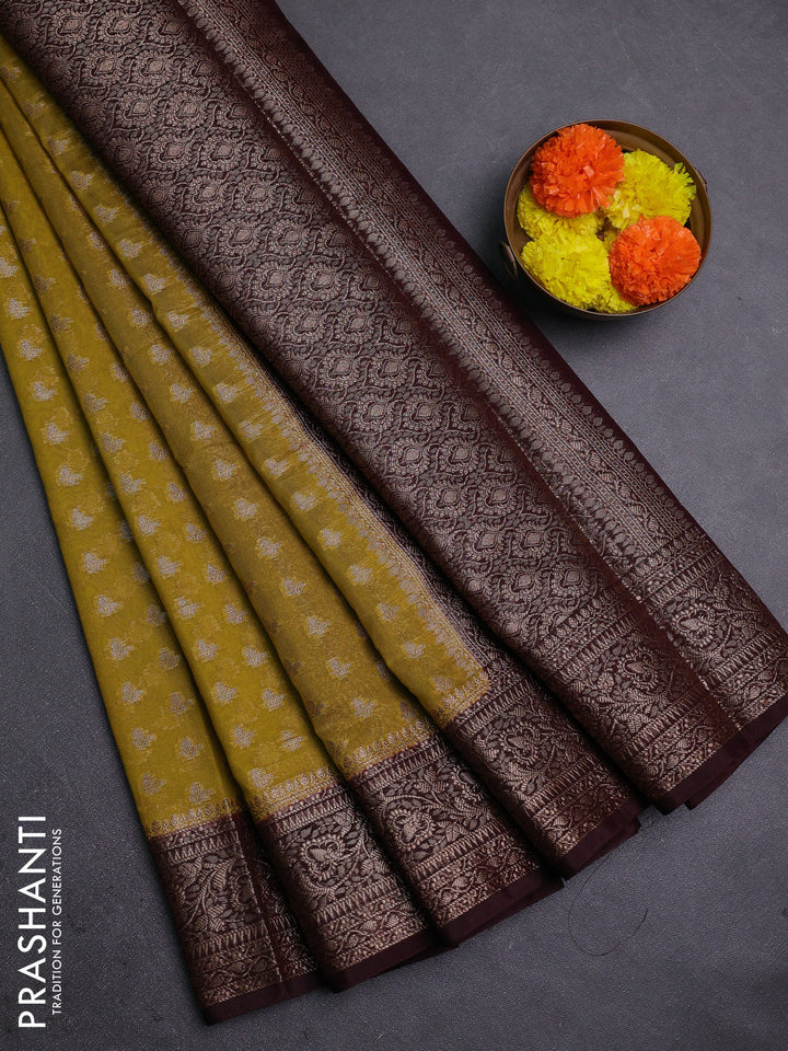 Mustard Green & Maroon Semi Chiniya Silk Saree