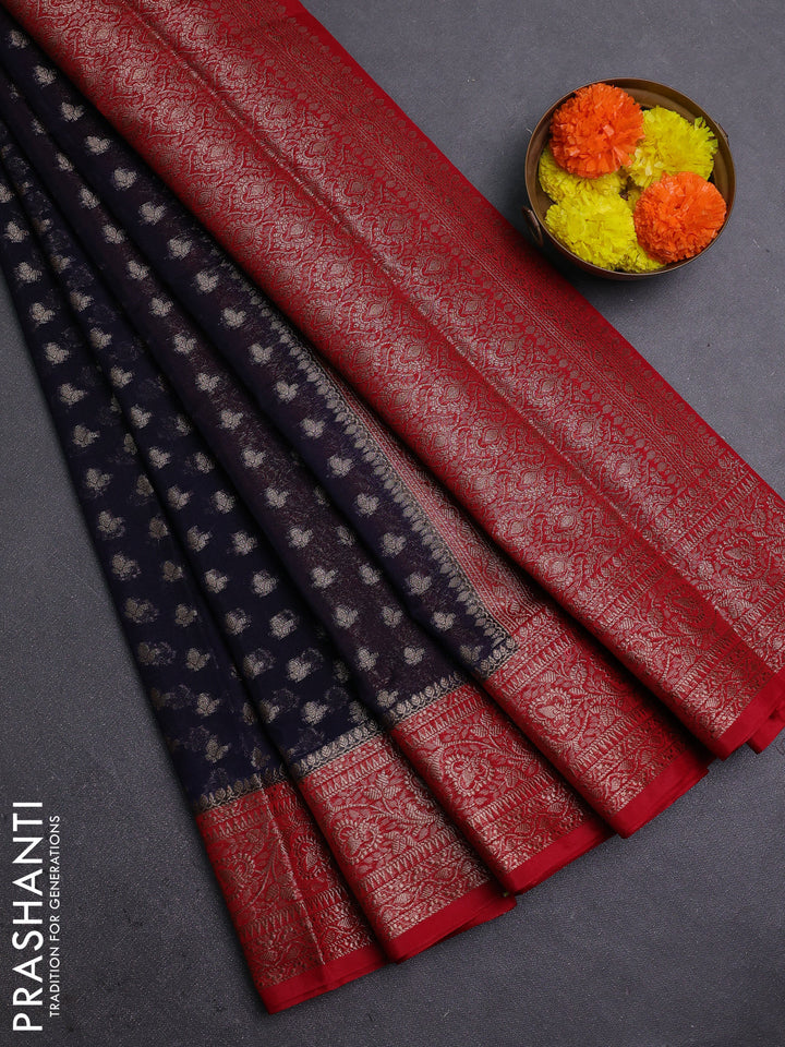 Navy Blue & Red Semi Chiniya Silk Saree