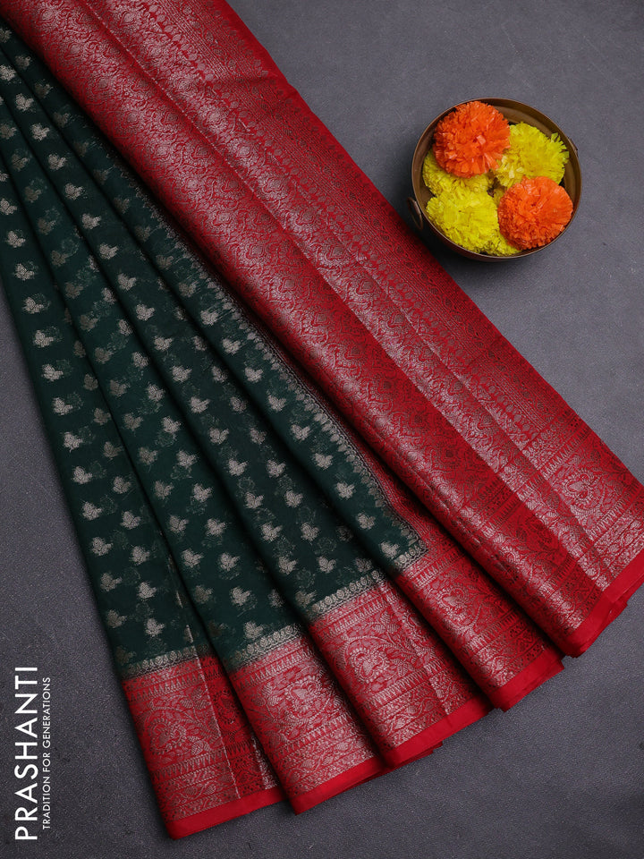 Bottle Green & Red Semi Chiniya Silk Saree