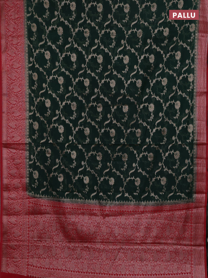 Bottle Green & Red Semi Chiniya Silk Saree