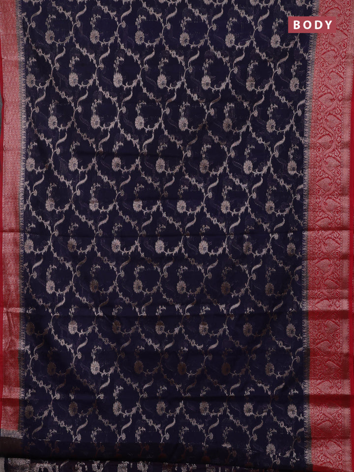 Navy Blue & Red Semi Chiniya Silk Saree