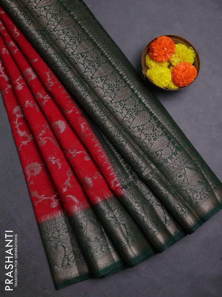 Red & Green Semi Chiniya Silk Saree