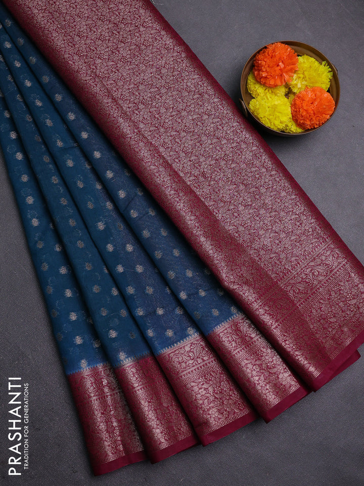 Peacock Green & Magenta Pink Semi Chiniya Silk Saree