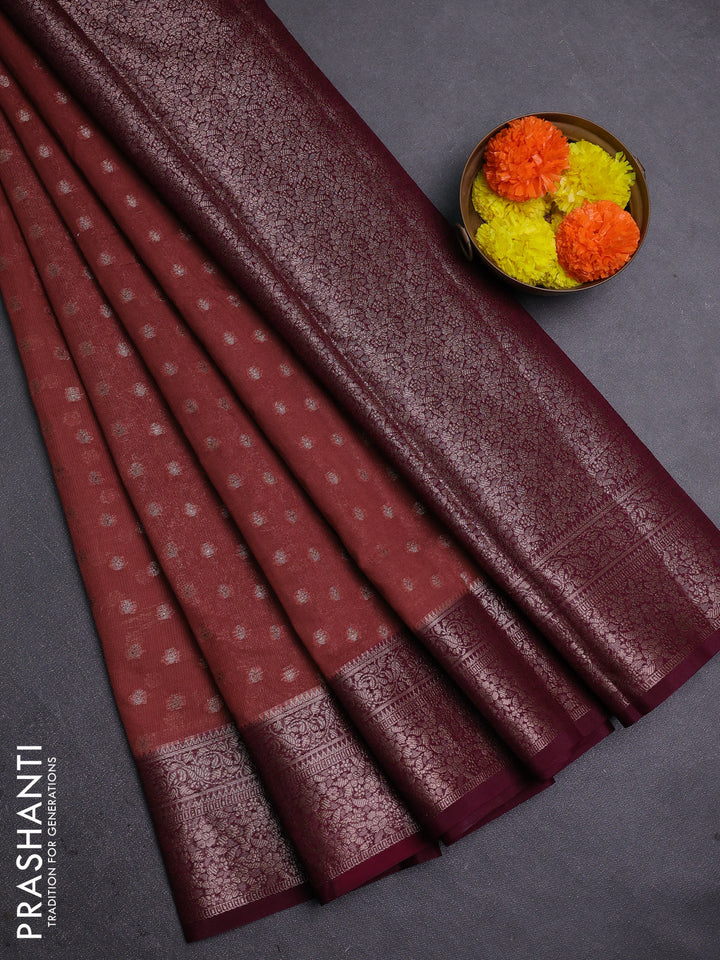 Pastel Brown & Wine Semi Chiniya Silk Saree