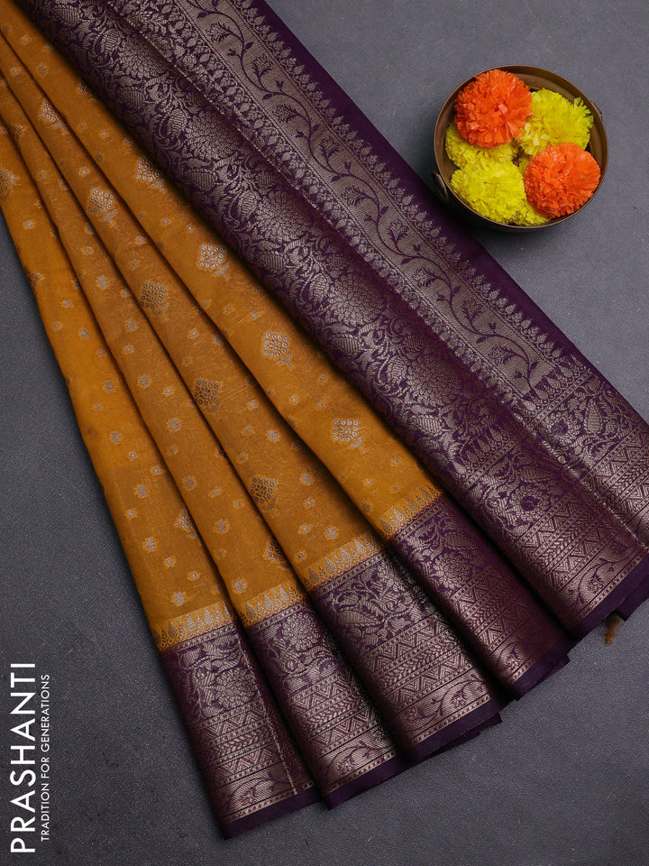 Mustard Yellow & Purple Semi Chiniya Silk Saree