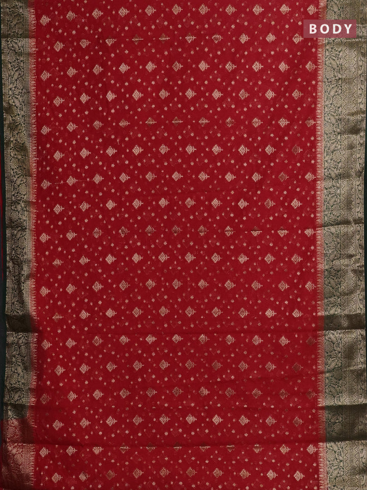 Red & Bottle Green Semi Chiniya Silk Saree