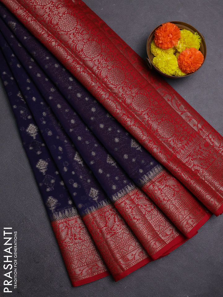 Navy Blue & Red Semi Chiniya Silk Saree