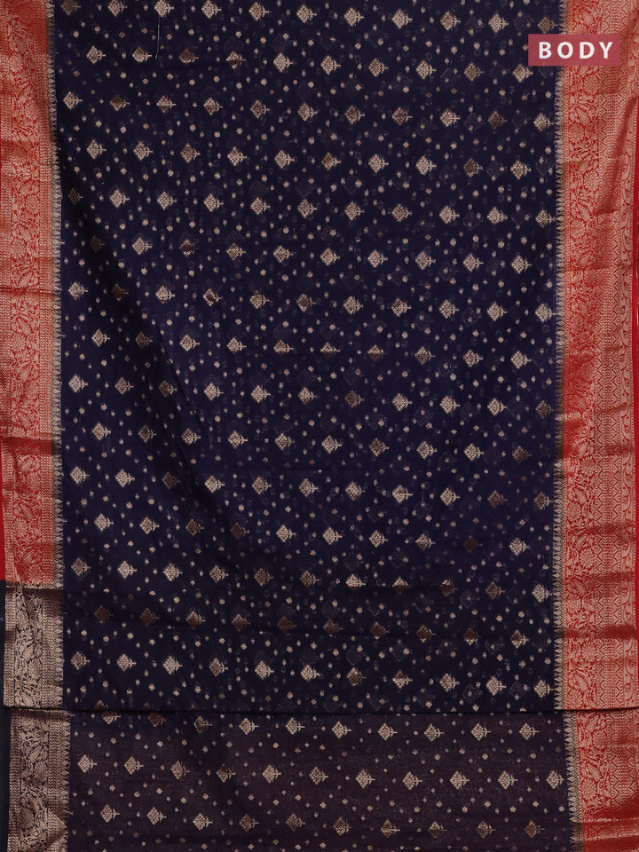 Navy Blue & Red Semi Chiniya Silk Saree
