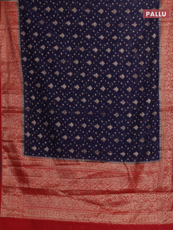 Navy Blue & Red Semi Chiniya Silk Saree