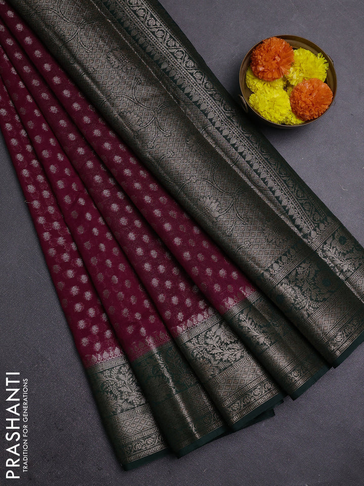 Wine & Bottle Green Semi Chiniya Silk Saree