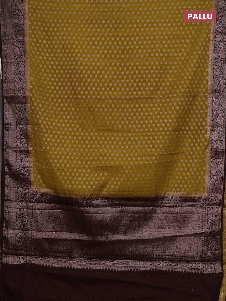 Mustard Green & Coffee Brown Semi Chiniya Silk Saree