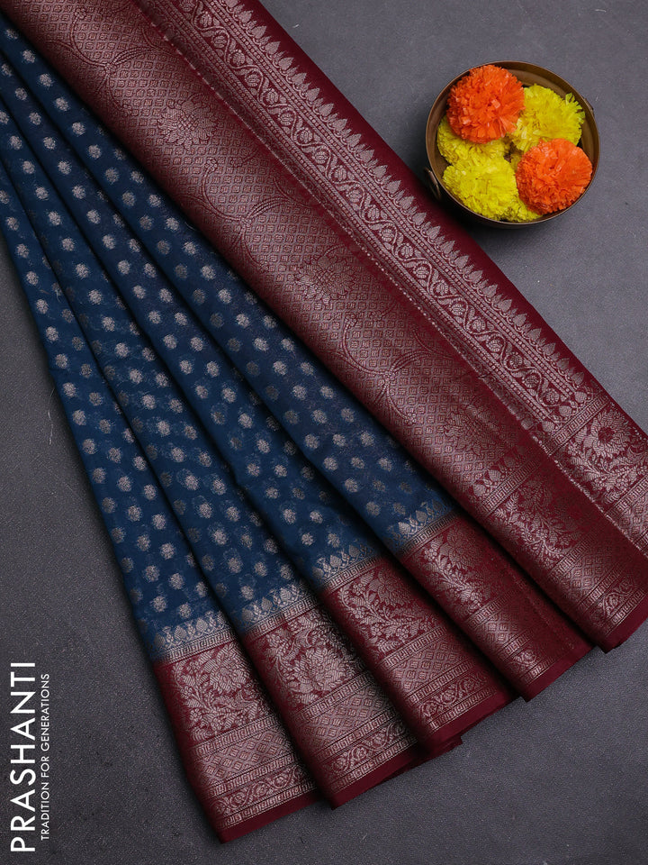 Peacock Blue & Maroon Semi Chiniya Silk Saree