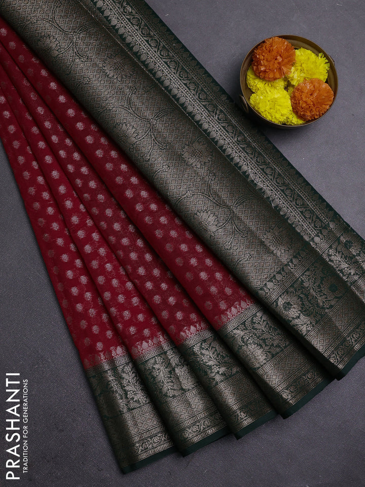 Red & Bottle Green Semi Chiniya Silk Saree