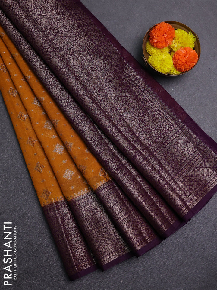 Mustard Yellow & Violet Semi Chiniya Silk Saree