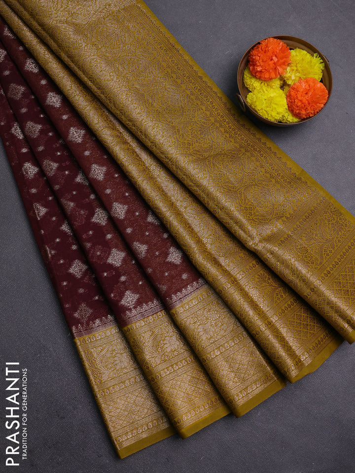 Coffee Brown & Mustard Green Semi Chiniya Silk Saree
