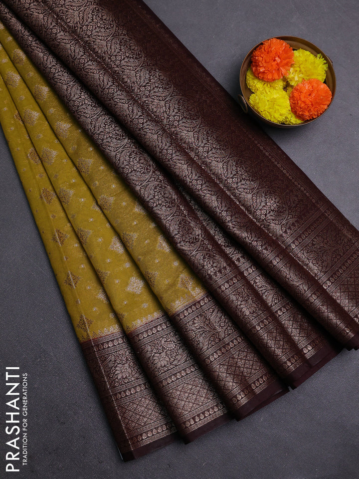 Mustard Green & Wine Semi Chiniya Silk Saree