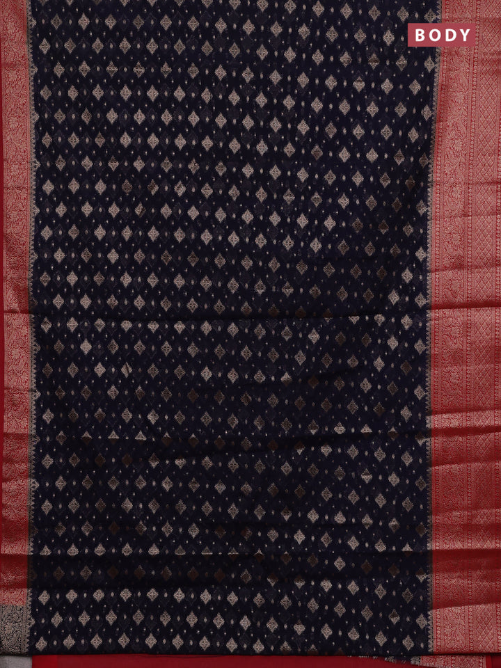 Navy Blue & Red Semi Chiniya Silk Saree