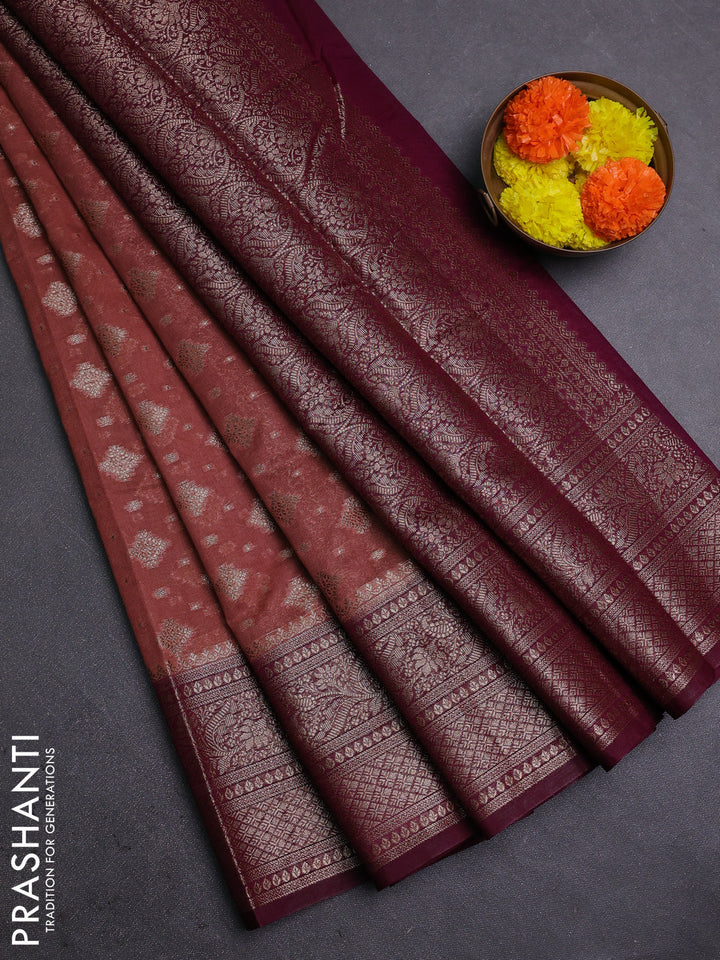 Pastel Brown & Wine Semi Chiniya Silk Saree
